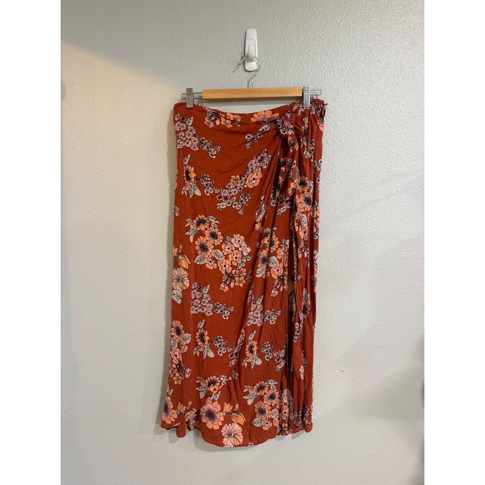 Free People Floral Wrap Midi Skirt Womens 12 Terracotta Boho Side Slit Viscose